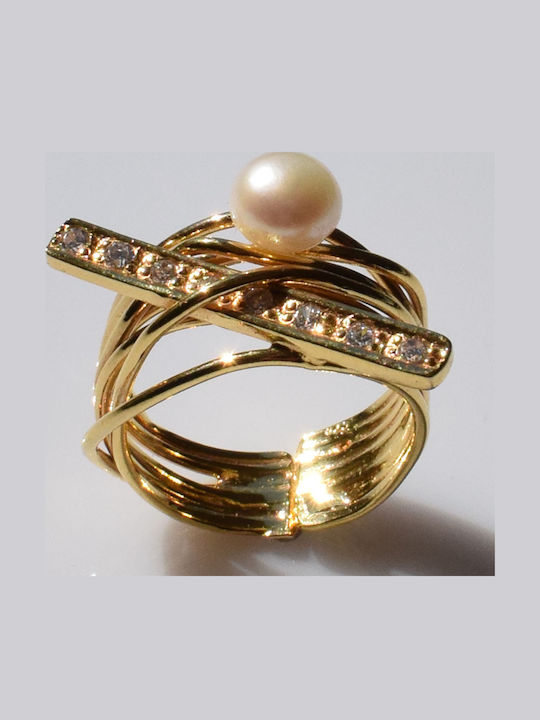Bizoutaki Ring with Pearls & Zircon made of Silver Gold Plated