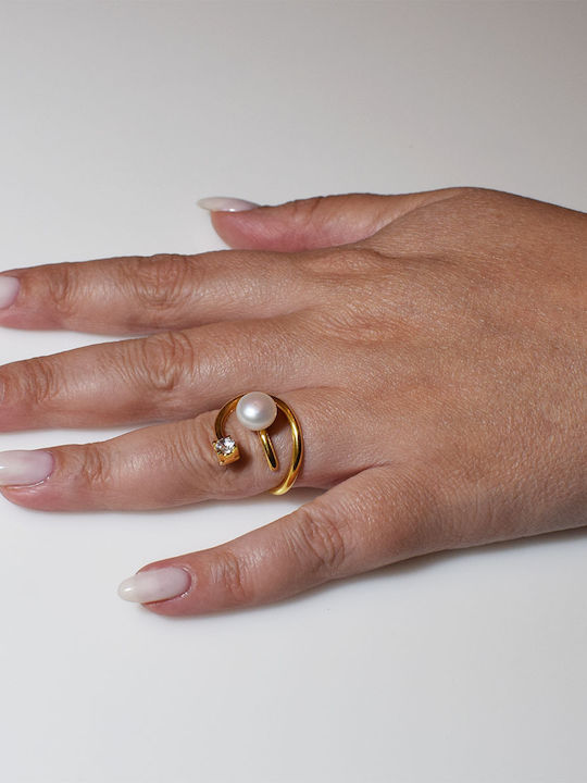 Bizoutaki Ring with Pearls & Zircon made of Silver Gold Plated