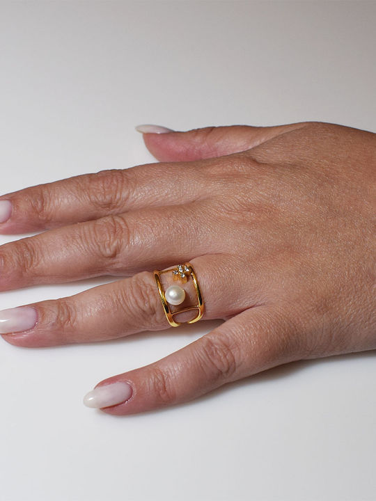 Bizoutaki Ring with Pearls & Zircon made of Silver Gold Plated