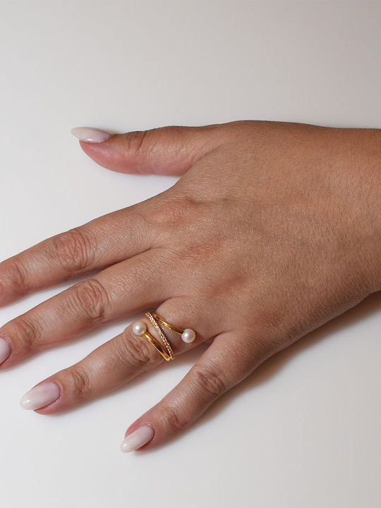 Bizoutaki Ring with Pearls & Zircon made of Silver Gold Plated