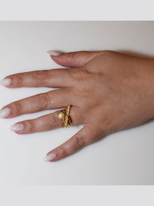 Bizoutaki Ring with Pearls & Zircon made of Silver Gold Plated