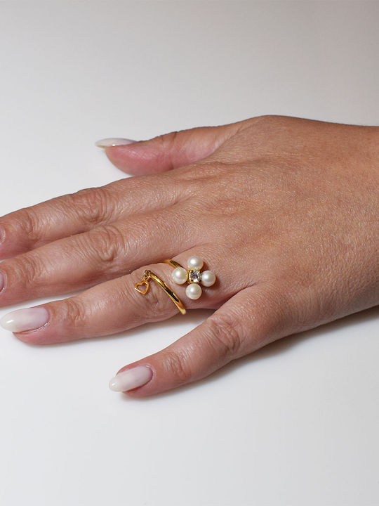 Bizoutaki Ring with Pearls & Zircon made of Silver Gold Plated