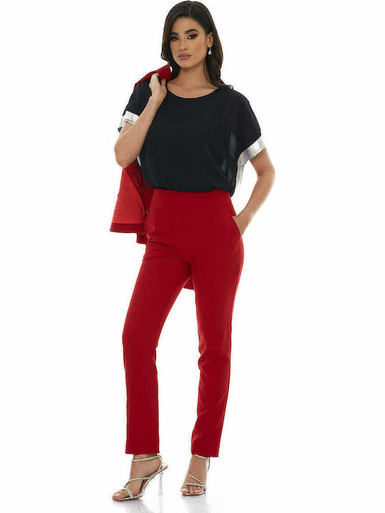Damen Hoch tailliert Stoff Hose mit Gummizug in Lockere Passform Rot