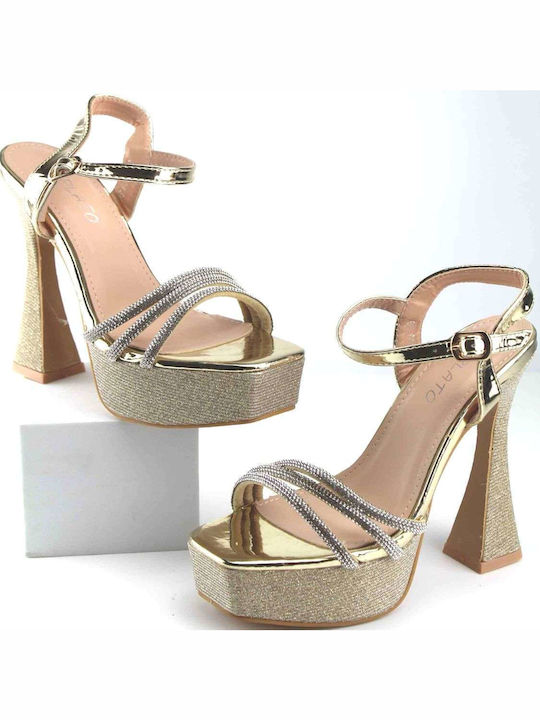 Plato Patent Leather Women's Sandals with Strass Gold with Chunky High Heel