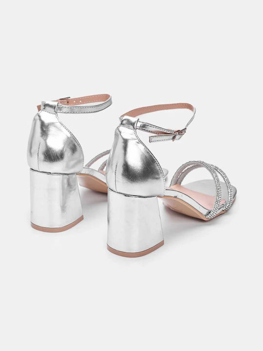 Plato Synthetic Leather Women's Sandals with Strass & Ankle Strap Silver