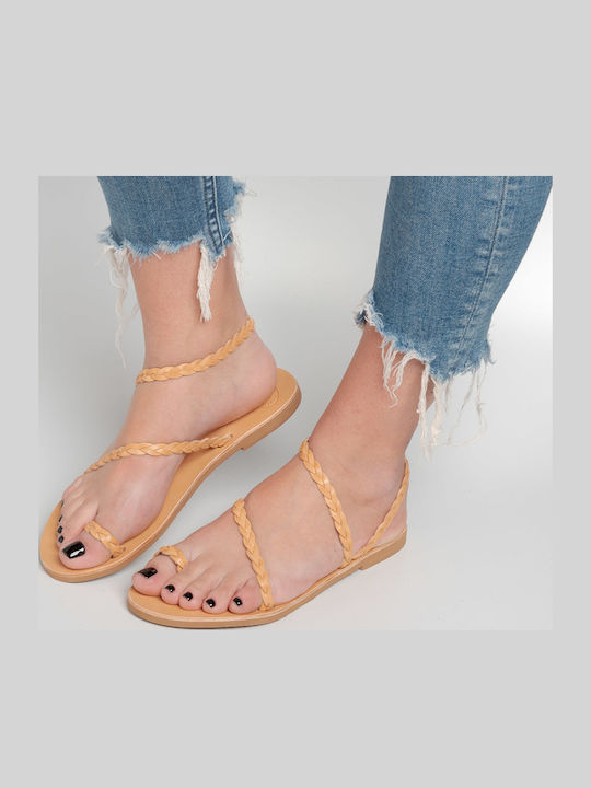 Leather Women's Flat Sandals in Beige Color