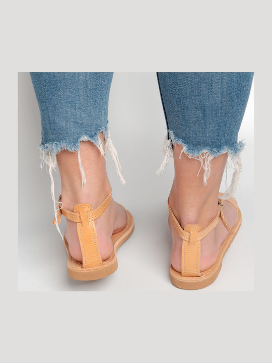 Leather Women's Flat Sandals with Strap in Beige Color