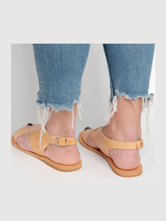 Leather Women's Flat Sandals in Beige Color