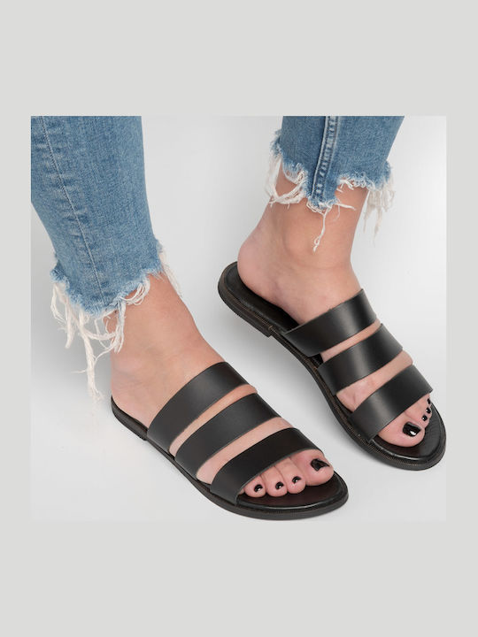 3 Leder Flache Sandalen für Damen in Schwarz Farbe