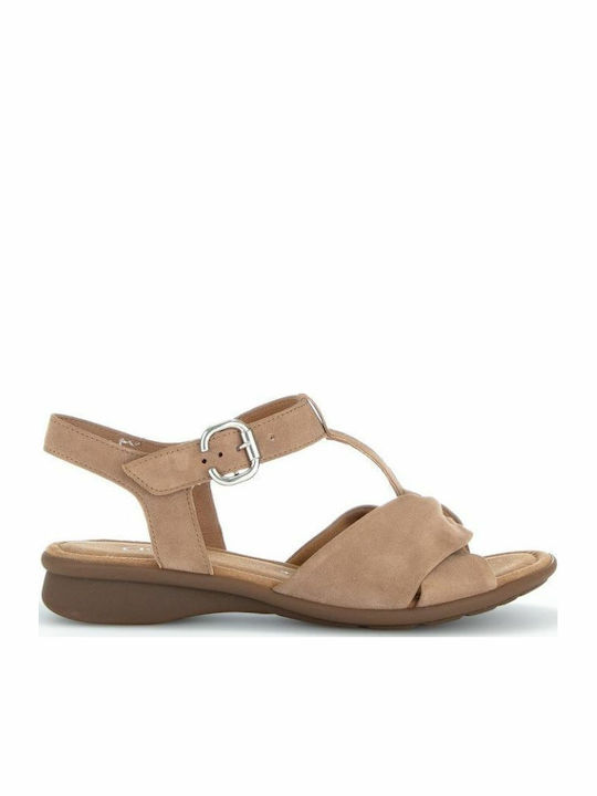 Leder Flache Sandalen für Damen Anatomisch mit Riemen in Beige Farbe