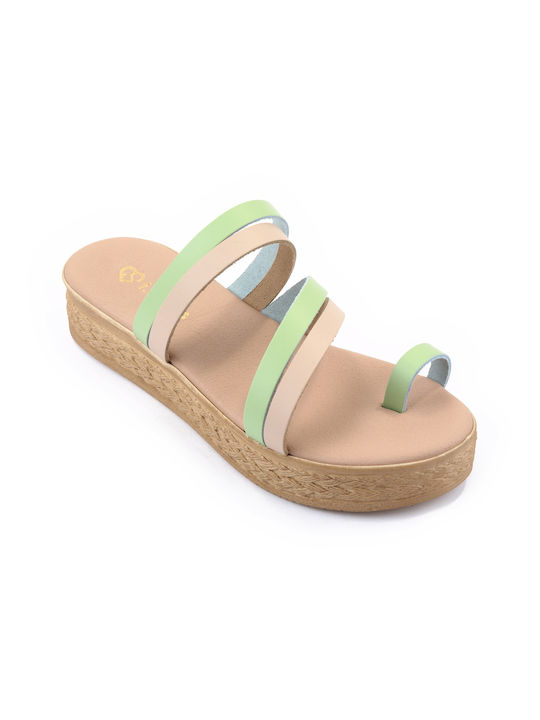 Fshoes Leather Women's Flat Sandals Flatforms in Green Color