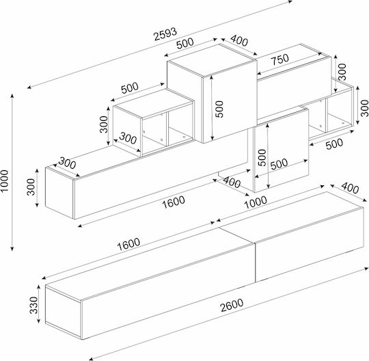 Wohnzimmer TV-Einheit Tromen Schwarz L260xB40xH33cm