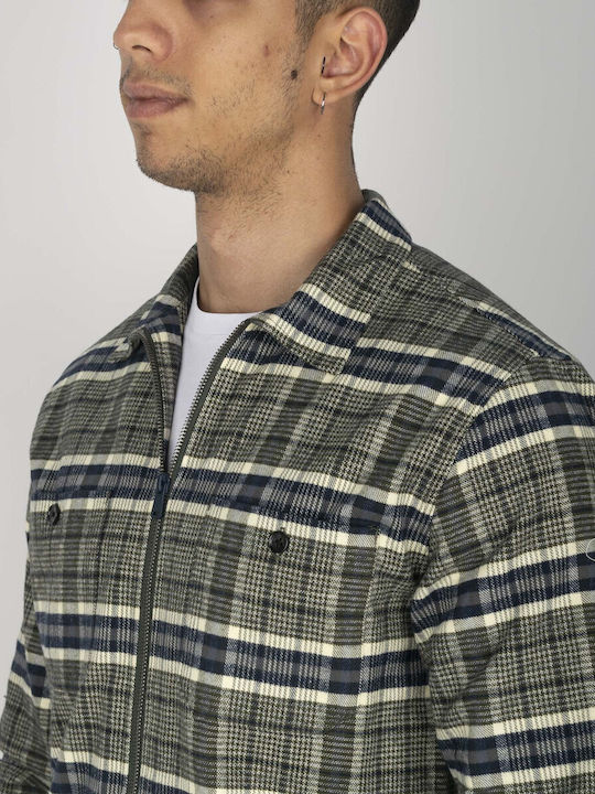 Μακρυμάνικo Βαμβακερό Overshirt σε Κανονική Γραμμή Καρό Πράσινο