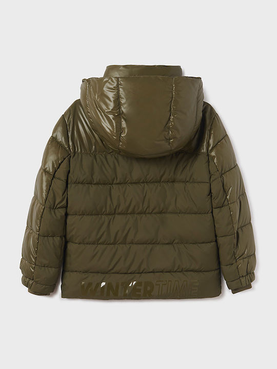 Down Kids Quilted Short Coat with Lining and Hood Khaki