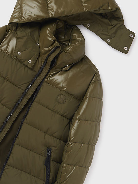 Down Kids Quilted Short Coat with Lining and Hood Khaki