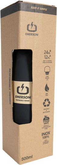 Emerson Double Wall Vacuum Bottle Recyclable Bottle Thermos Stainless Steel BPA Free 500ml Black with Straw