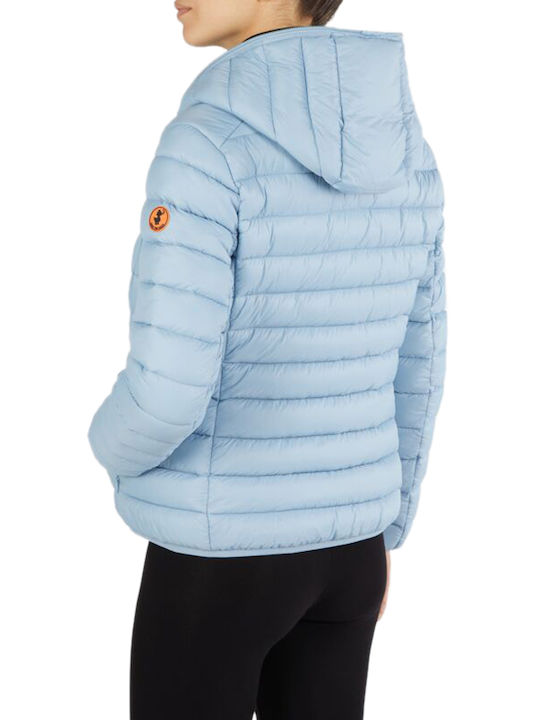 Save The Duck 'DAISY' Women's Short Puffer Jacket for Winter with Hood Light Blue