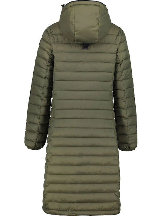 Women's Long Puffer Jacket for Winter with Hood Khaki