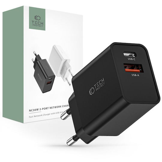 Tech-Protect Φορτιστής Χωρίς Καλώδιο με Θύρα USB-A και Θύρα USB-C Power Delivery / Quick Charge 3.0 Μαύρος (NC30W)