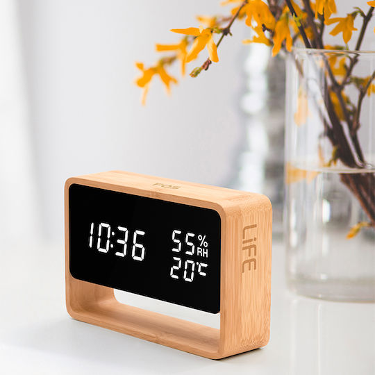 Life Fos Bamboo Επιτραπέζιο Ψηφιακό Ρολόι LED Ξύλινο με Ξυπνητήρι Καφέ 221-0359
