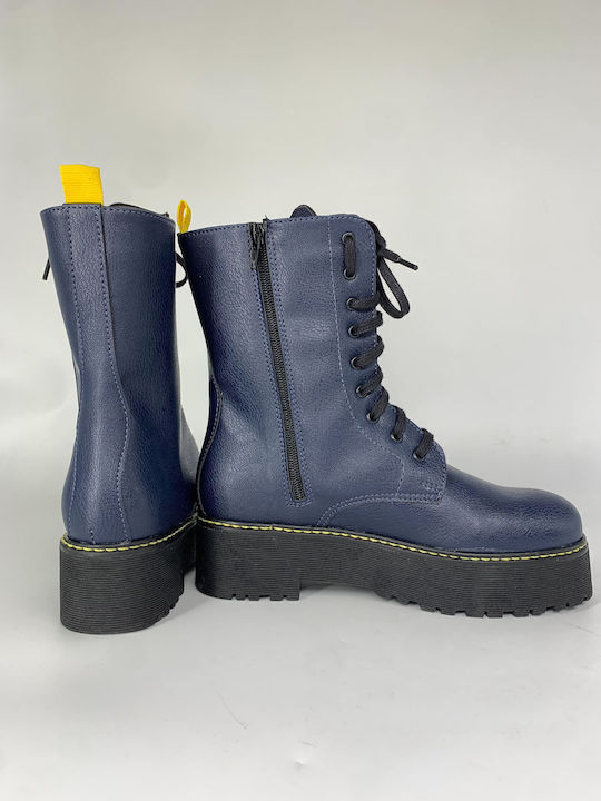Leather Women's Ankle Boots with Medium Heel Blue