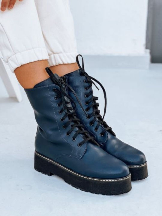 Leather Women's Ankle Boots with Medium Heel Blue