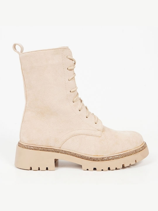 Piazza Shoes Women's Suede Combat Boots Beige