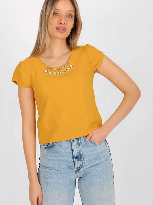 Lakerta Women's Summer Blouse Cotton Short Sleeve Yellow