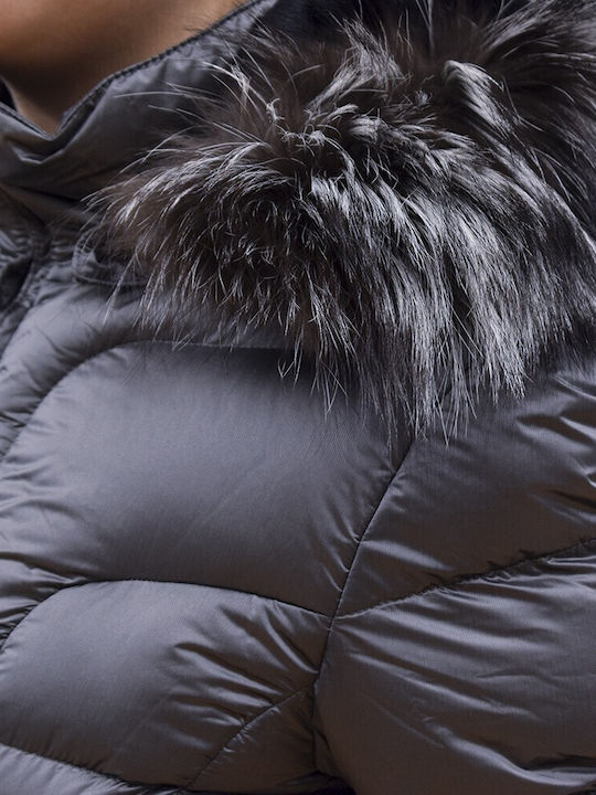 Belvitesse Short Women's Puffer Jacket with Furry Hood for Winter Gray
