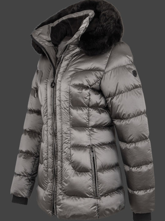 Belvitesse Short Women's Puffer Jacket with Furry Hood for Winter Gray