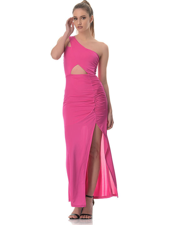 Summer Maxi Evening Dress Satin with Slit Fuchsia