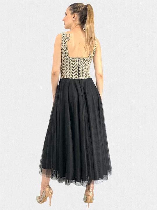 Summer Midi Evening Dress with Tulle Black