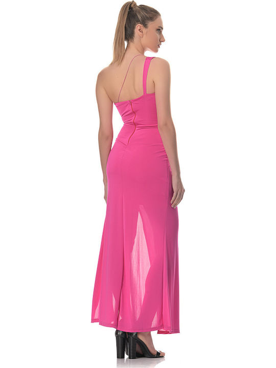 Summer Maxi Evening Dress Satin with Slit Fuchsia