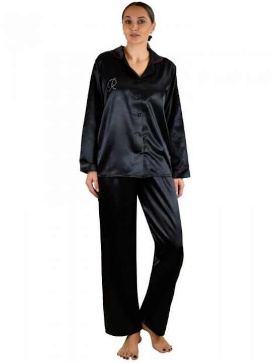 Rachel Winter Damen Pyjama-Set Satin Schwarz