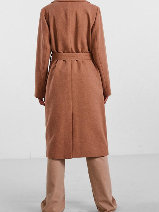 Pieces Women's Wool Midi Coat with Belt Brown