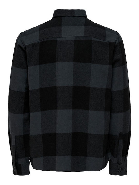 Μακρυμάνικo Φανελένιο Overshirt σε Κανονική Γραμμή Καρό Μπλε