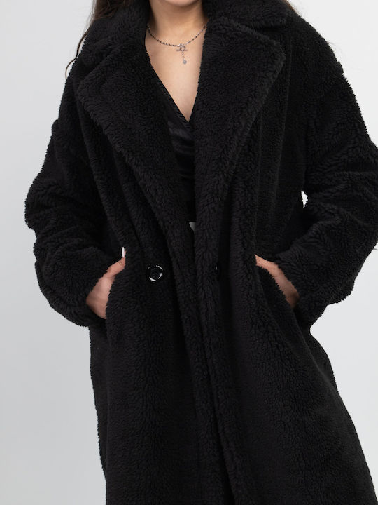 Γυναικείο Μαύρο Παλτό Oversized Teddy με Κουμπιά