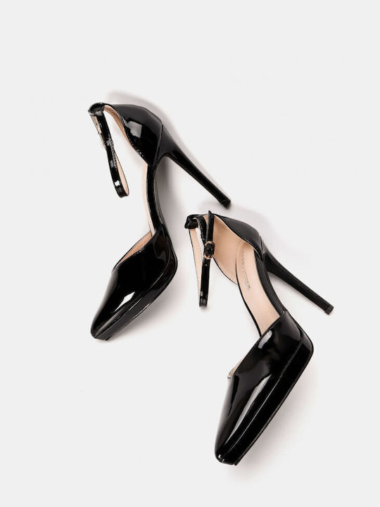 Plato Patent Leather Pointed Toe Black Heels with Strap