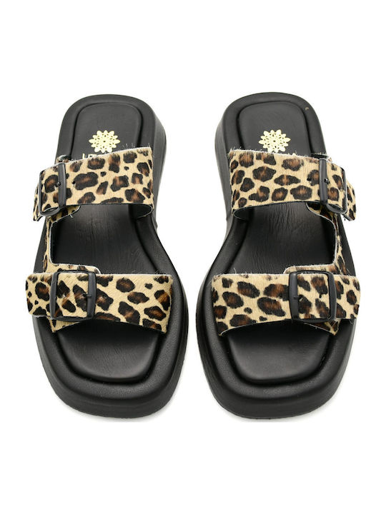 Leather Women's Flat Sandals Flatforms Brown