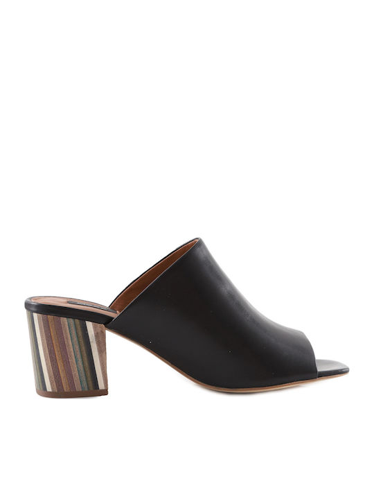 Leather Mules with Chunky Low Heel in Black Color
