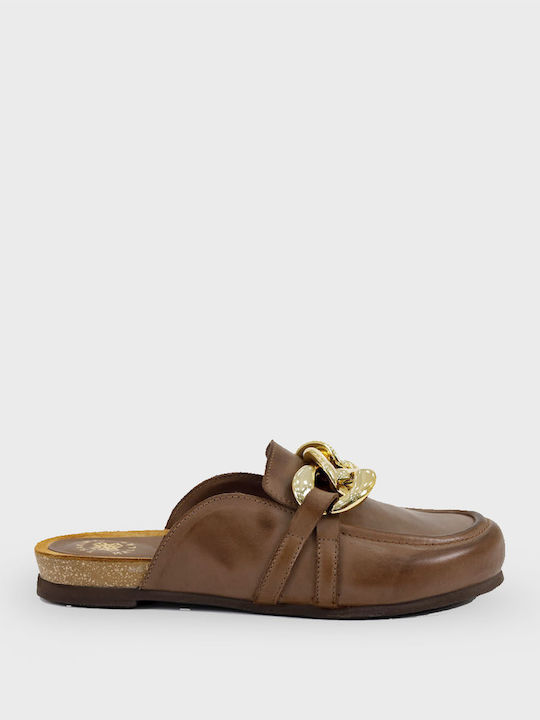 Flach Leder Mules in Braun Farbe