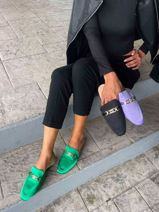 Flat Σατέν Mules σε Πράσινο Χρώμα