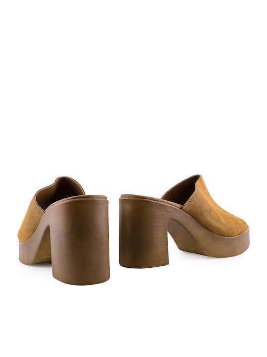Mules with Chunky High Heel in Tabac Brown Color