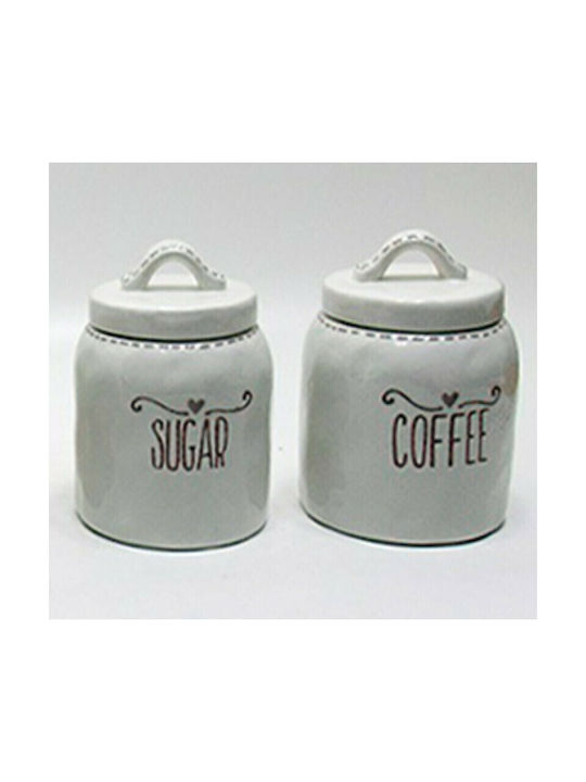 Karvounis Set of 2pcs Jars for Coffee / Sugar with Lid Ceramic White 11.5x11.5x11.5cm