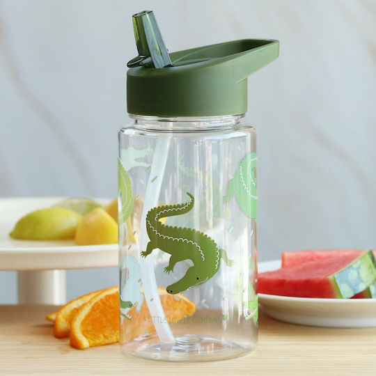 A Little Lovely Company Crocodiles Sticlă de Apă pentru Copii Plastic cu Pai Verde 450ml