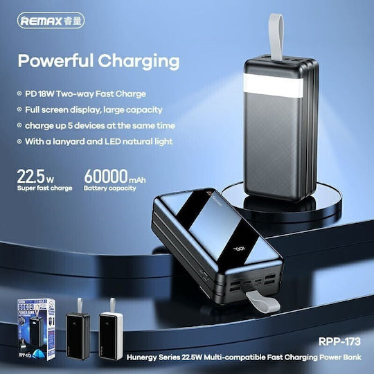 Remax RPP-173 Power Bank 60000mAh 22.5W με 4 Θύρες USB-A και Θύρα USB-C Λευκό