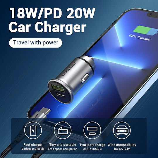 Vention Φορτιστής Αυτοκινήτου 18W με Θύρες: 1xUSB 1xType-C Γκρι