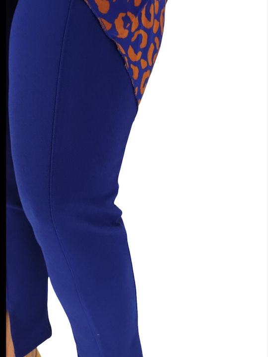 Women's High-waisted Fabric Trousers with Elastic Slim Fit Blue