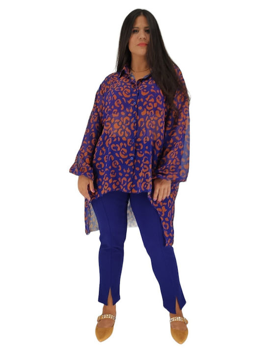 Women's High-waisted Fabric Trousers with Elastic Slim Fit Blue