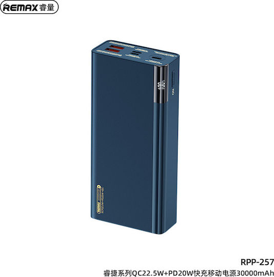 Remax RPP-257 Riji Power Bank 30000mAh 22.5W с 2 USB-A порта и USB-C порт Power Delivery / Бързо зареждане 3.0 / Бързо зареждане 4.0 Син